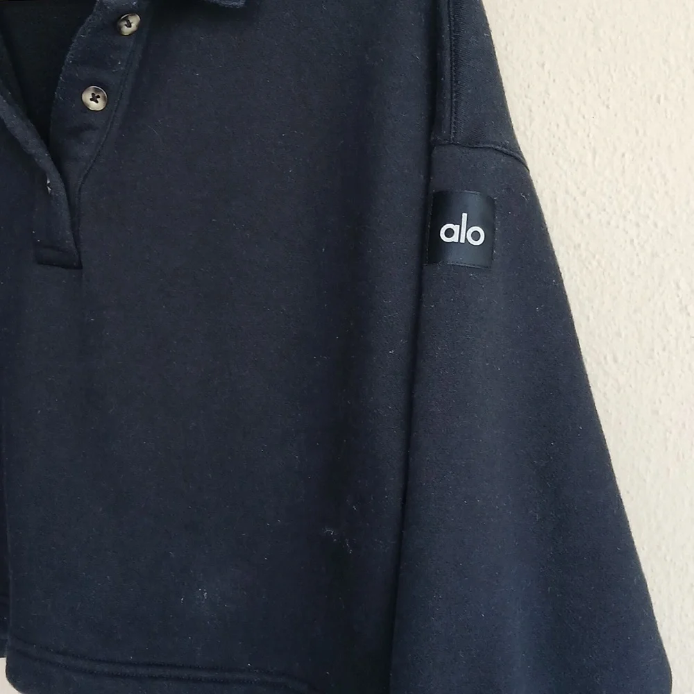 ALO Yoga Black Cropped Polo Henley Top Medium